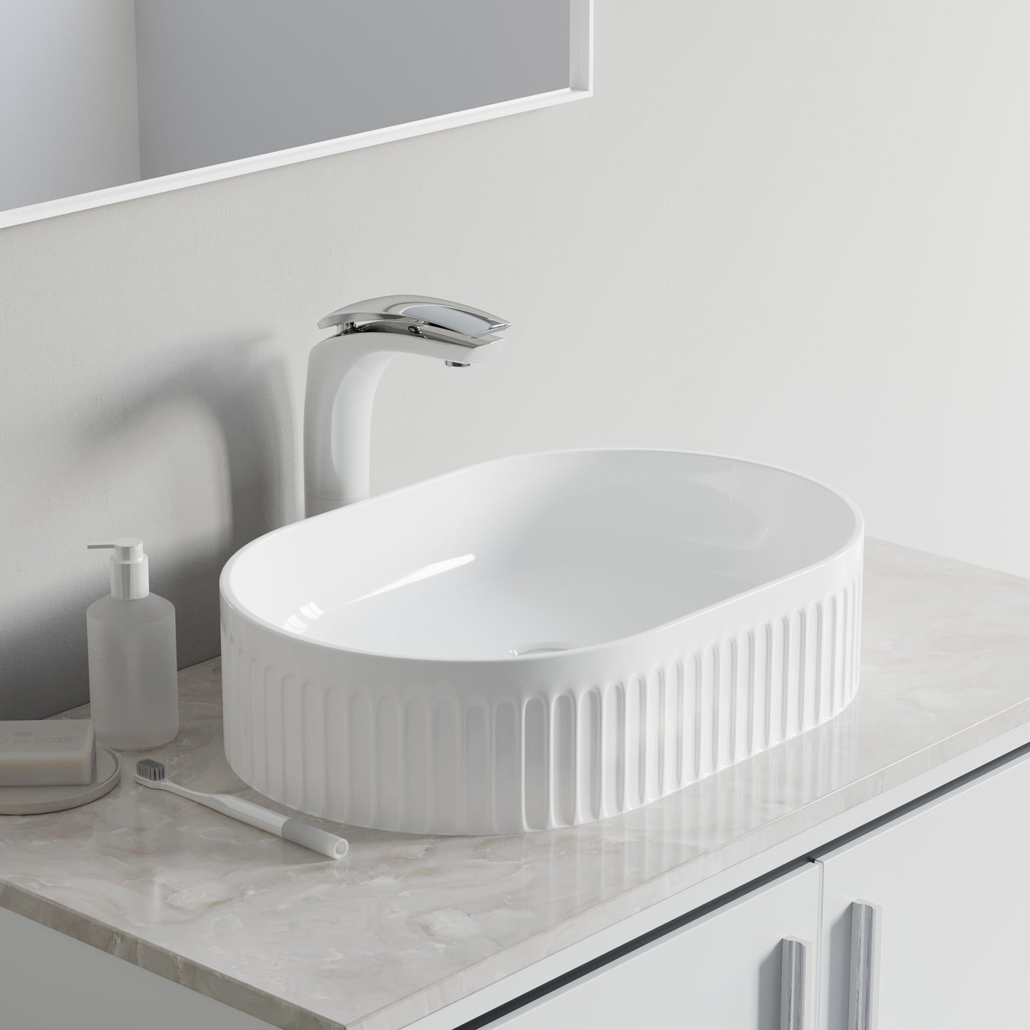 Fluted Ceramic Vessel Sink - Gloss White Oval - 20"x13"x5"