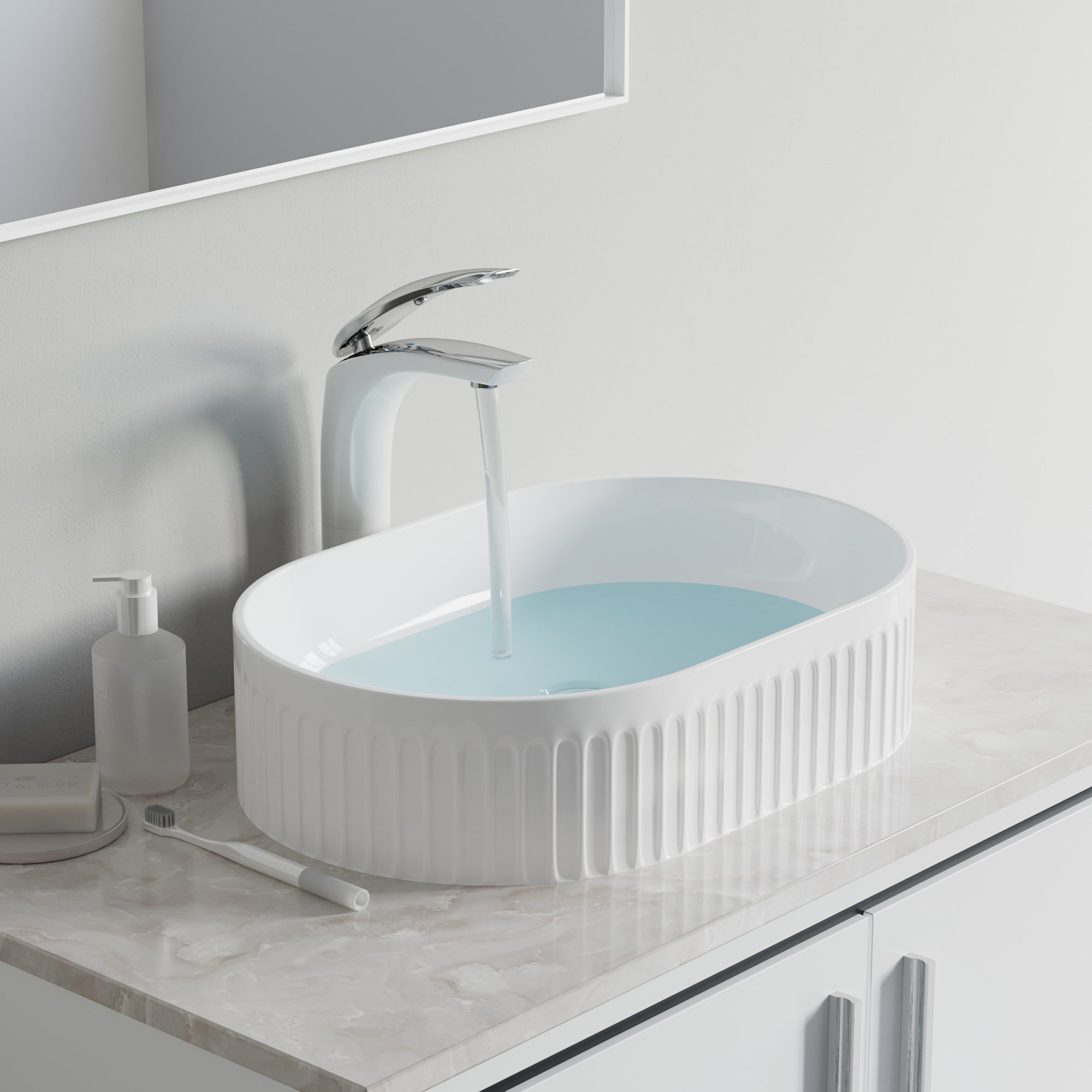 Fluted Ceramic Vessel Sink - Gloss White Oval - 20"x13"x5"