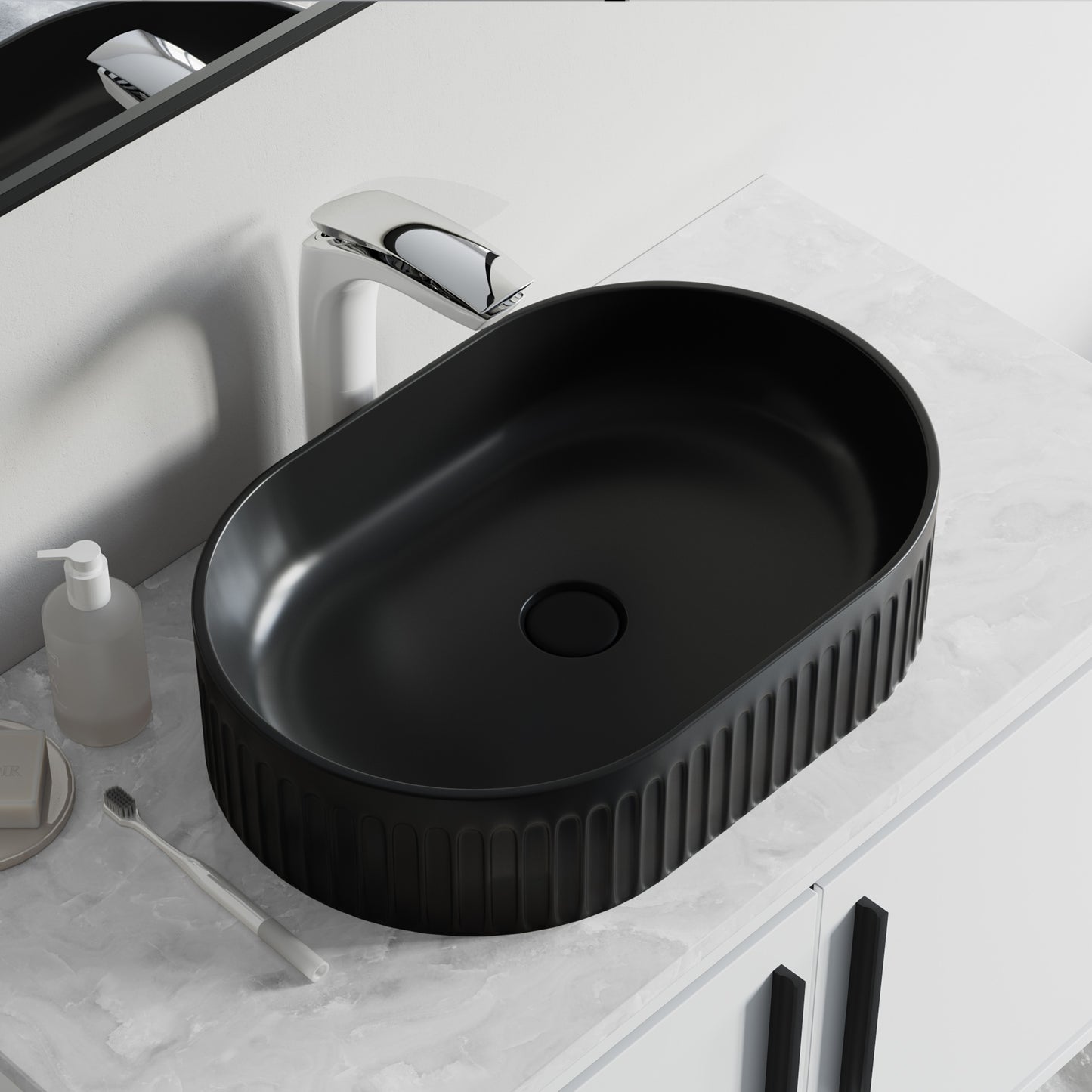 Fluted Ceramic Vessel Sink - Matte Black Oval - 20"x13"x5"