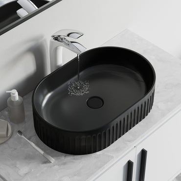 Fluted Ceramic Vessel Sink - Matte Black Oval - 20"x13"x5"