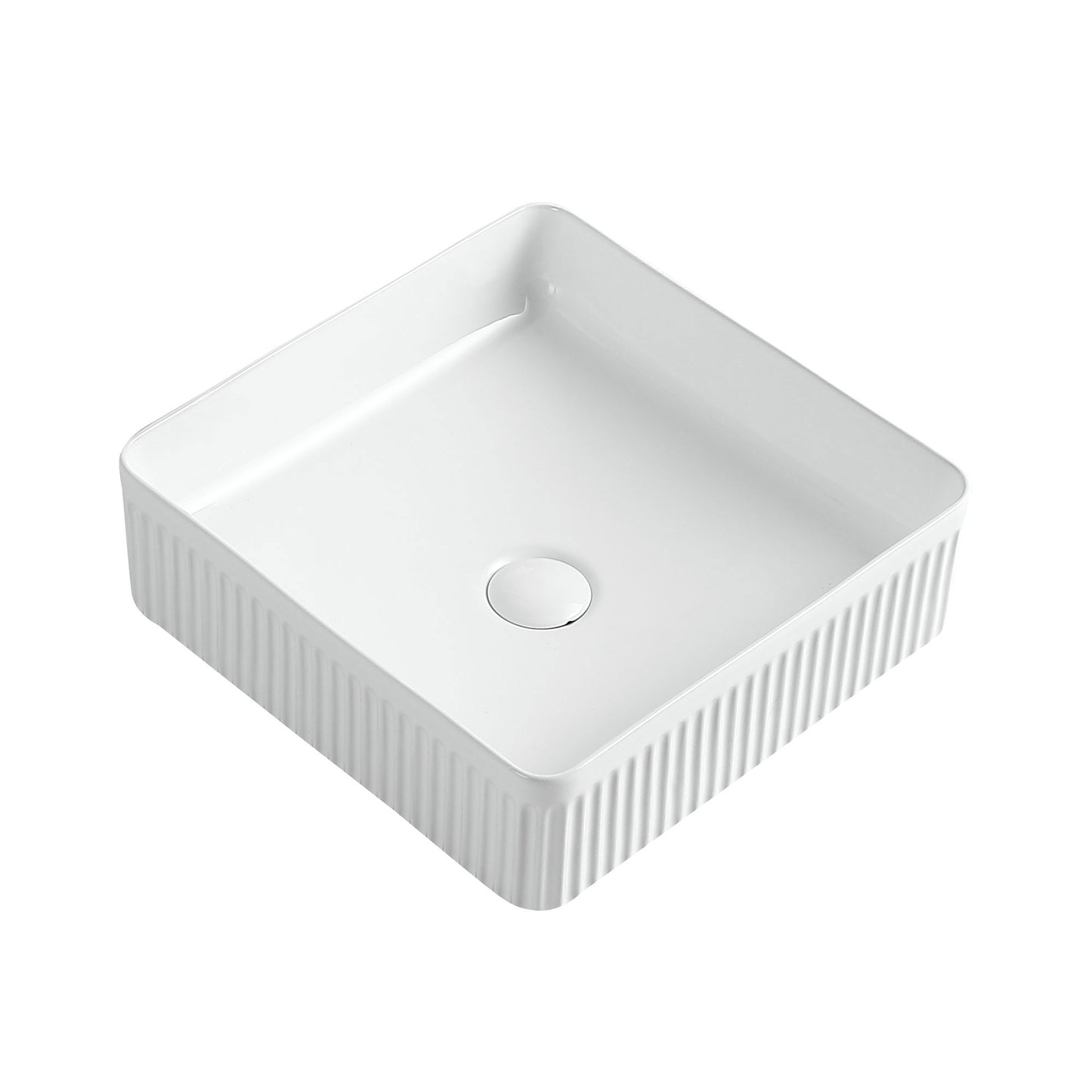 Fluted Ceramic Vessel Sink -White Gloss Square -16"x16"x5"