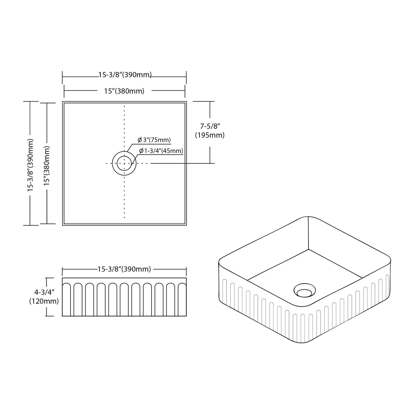 Fluted Ceramic Vessel Sink -White Gloss Square -16"x16"x5"