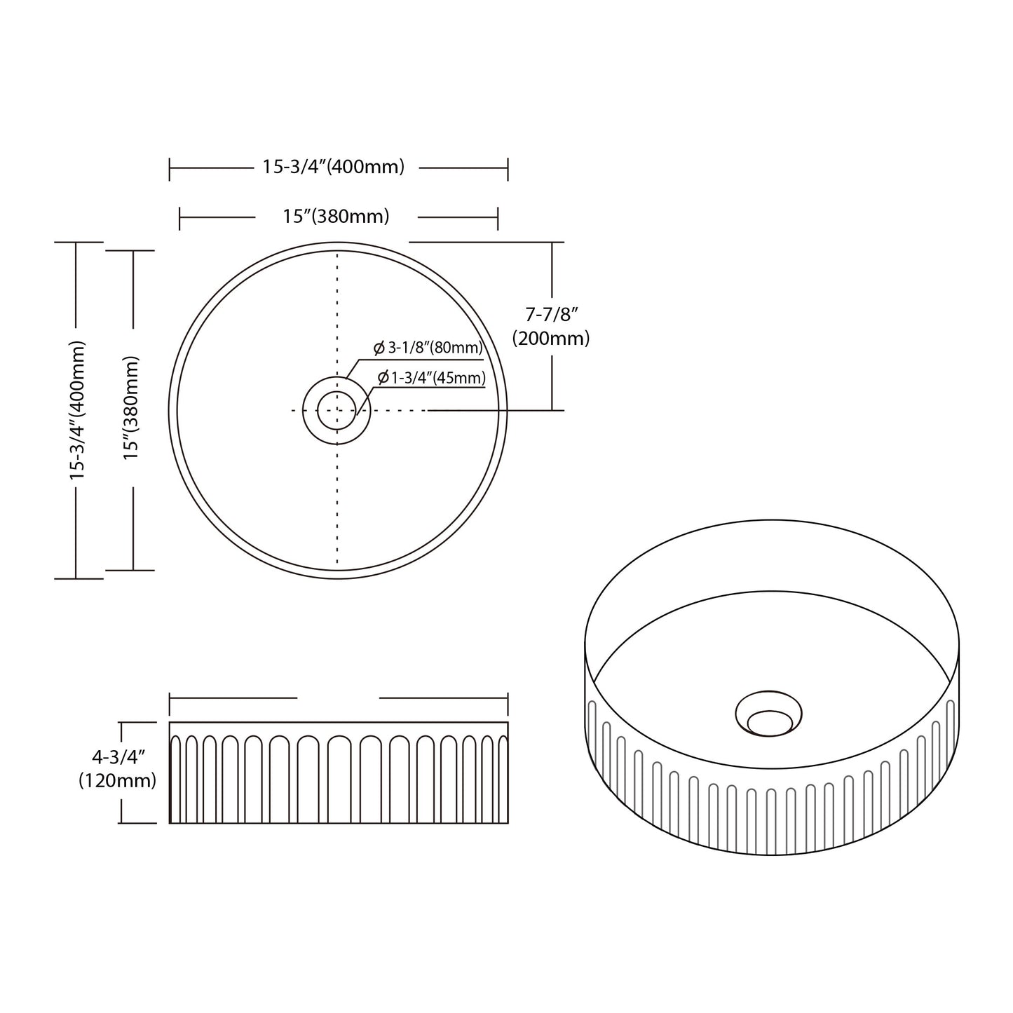 Fluted Ceramic Vessel Sink - Matte Black - 16" Round