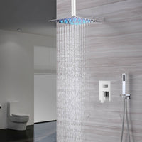 12'' or 16'' Chrome Ceiling-Mounted Rainfall Shower Head with Optional LED Light - Two-Way Shower Faucet and Handle Sprayer Included