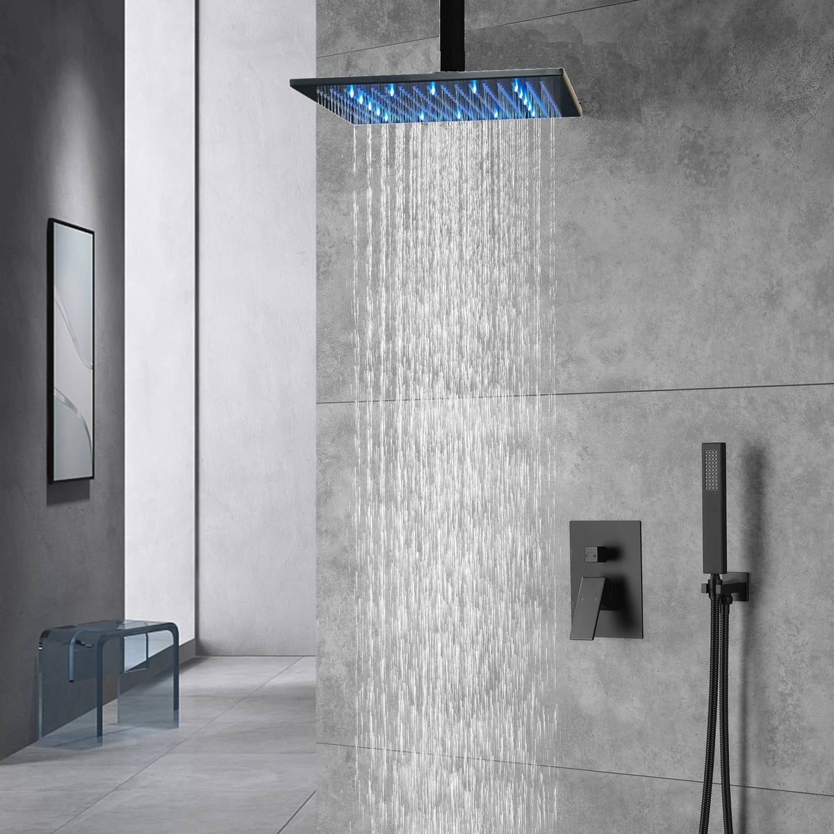 16 Inch Matte Black Square Rainfall Shower Head With LED Lights - High Pressure, Adjustable