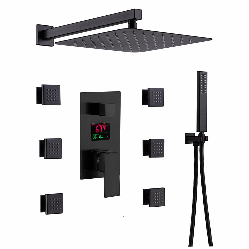 12-Inch or 16-Inch Matte Black Rain Showers with 3-Way Anti-Scald Digital Display Valve, Trim, and 6 Body Jets