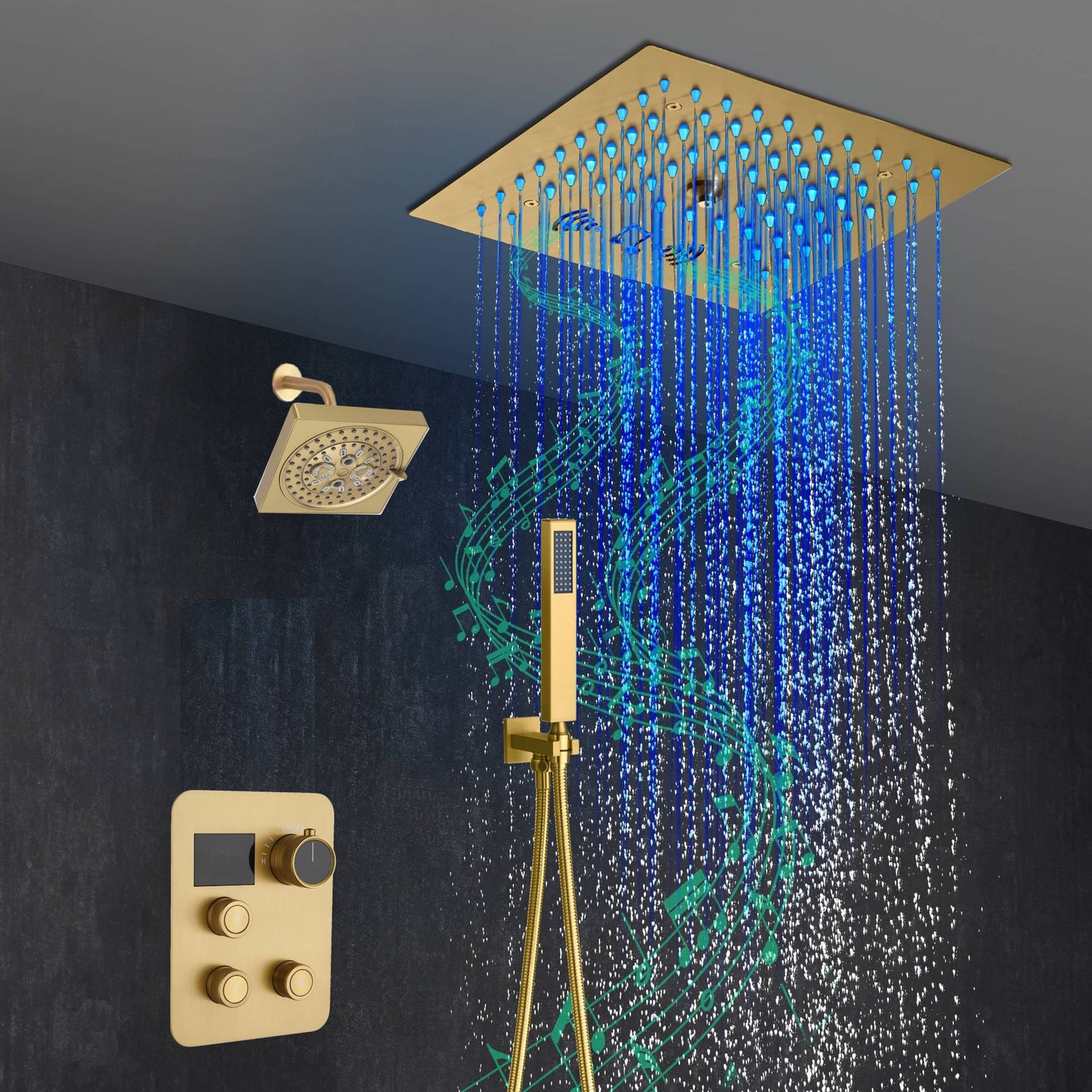 12-Inch Brushed Gold Flush Mount Shower Faucet Set: 3-Way Thermostatic Control, 64-Color LED Lights, Bluetooth Music, and Regular Head