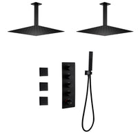 12 inch or 16 inch Matte Black Rainfall or Rainfall Waterfall Shower System - 4-Way Thermostatic Rough-in Valve with Invigorating Body Jets