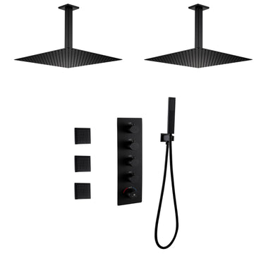12 inch or 16 inch Matte Black Rainfall or Rainfall Waterfall Shower System - 4-Way Thermostatic Rough-in Valve with Invigorating Body Jets