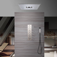 16-Inch Brushed Nickel Flush Mount Rainfall-Waterfall-Mist Hydro-Water Massage, 5-Way Digital Thermostatic Shower System with 64 LED Lights and Bluetooth Music Integration