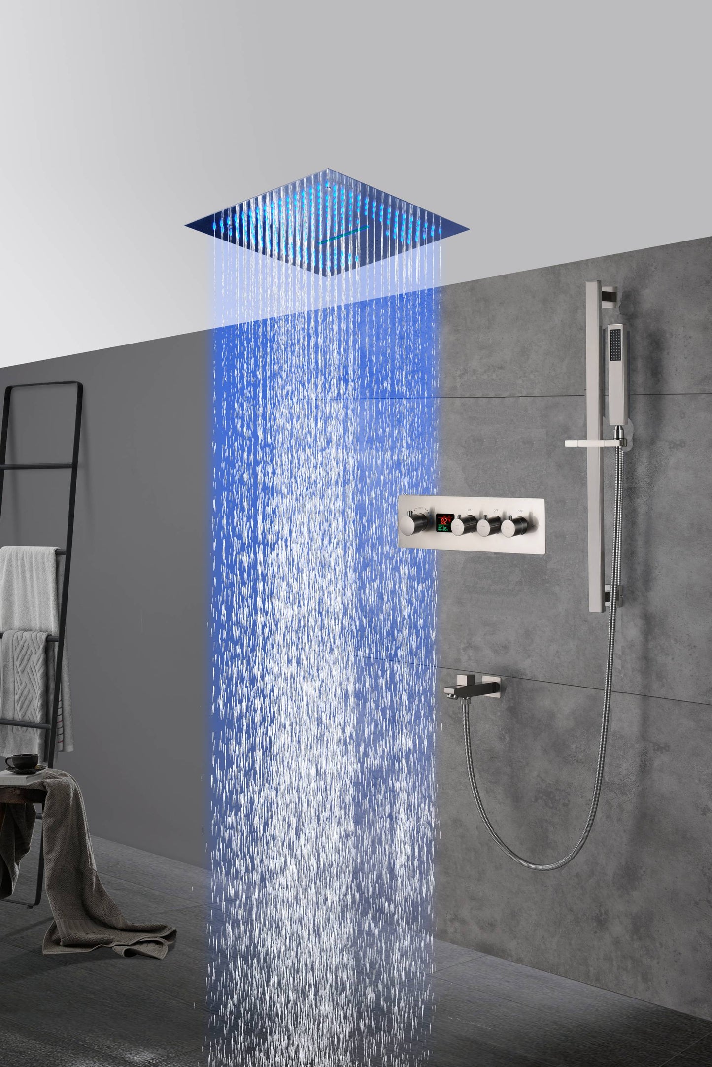 16-Inch Brushed Nickel Digital Thermostatic Shower System: 3-Way Control, Flush-Mounted, 64-Color LED Lighting, Bluetooth Music, Rainfall & Waterfall Features