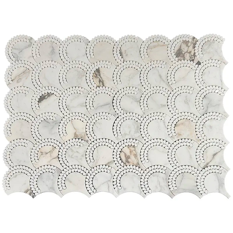 Calacatta Monet & Thassos Scallop Fan Polished Marble Mosaic Tile