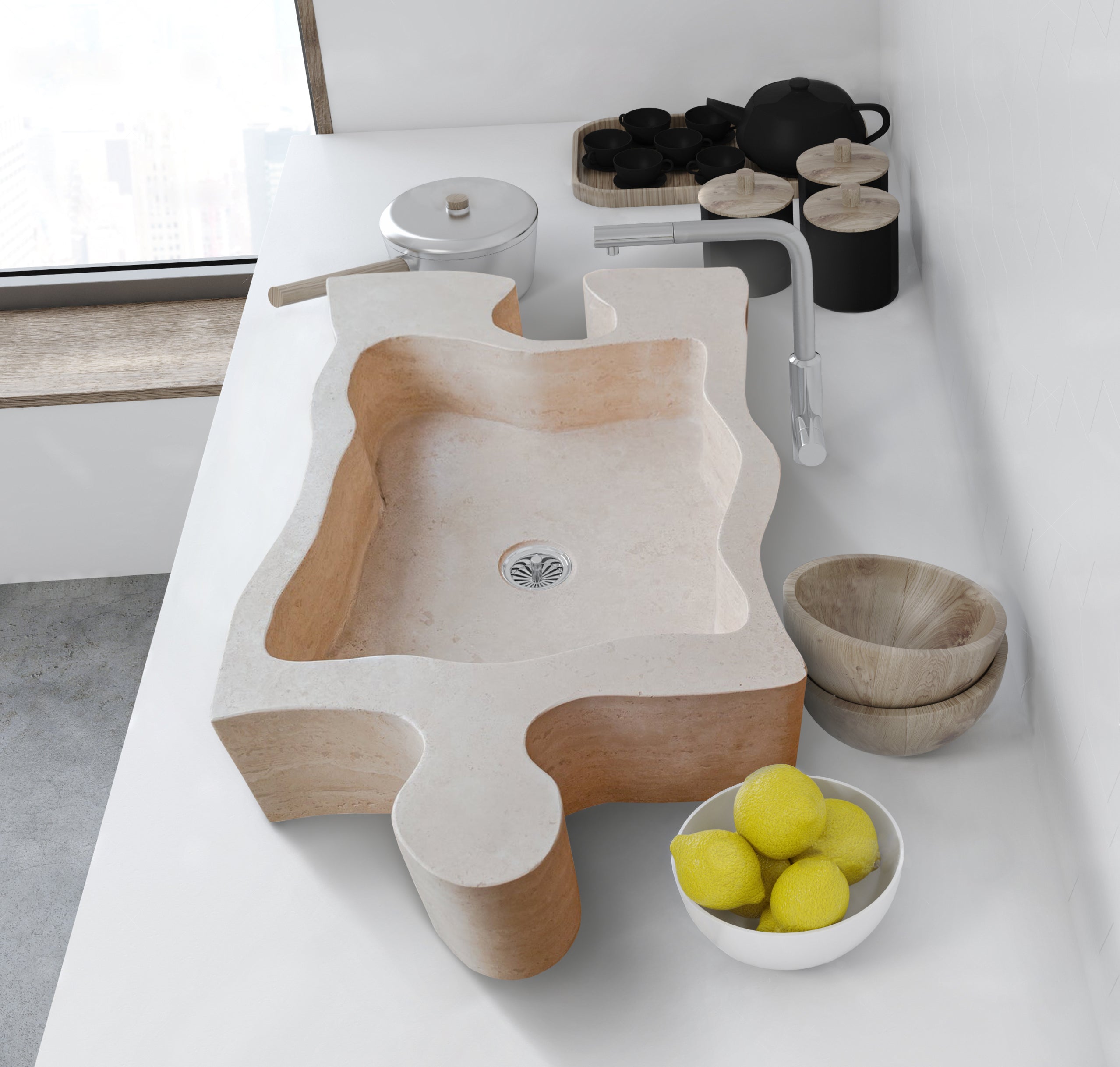 Natural Stone Beige Travertine Above Vanity Puzzle Shape Bathroom Sink