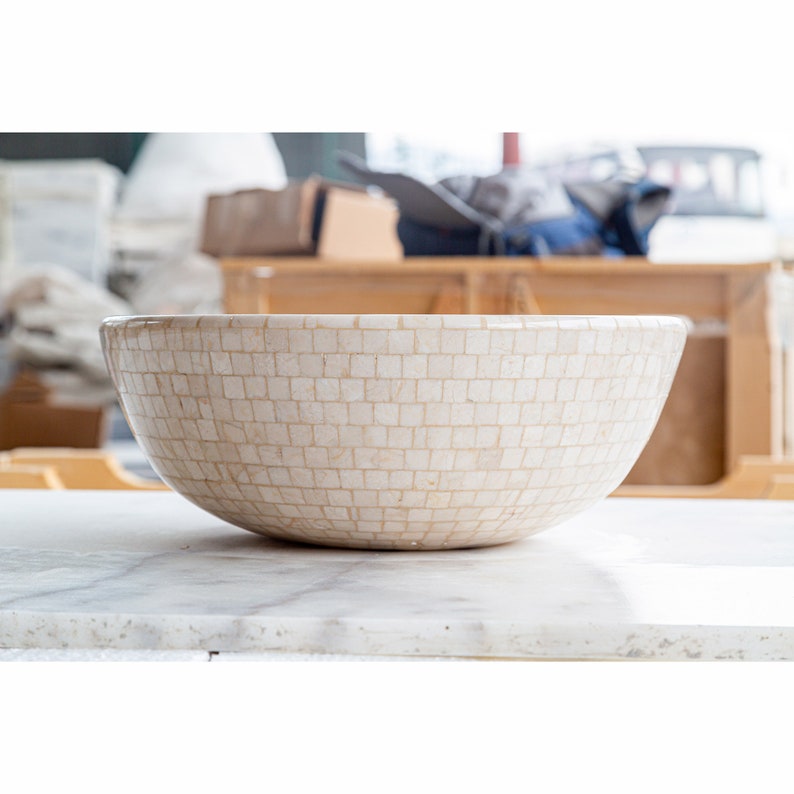 Botticino Marble Mosaic Natural Stone Round Above Vanity Vessel Sink Semi-polished (D)16" (H)6"