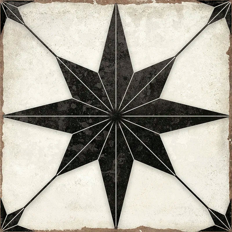 Heritage Star Noir 8" x 8" Black & White Matte Porcelain Tile