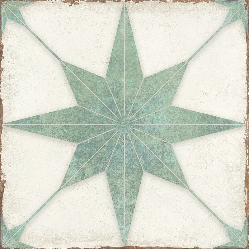 Heritage Sage Compass 8" x 8" Green & White Star Matte Porcelain Tile