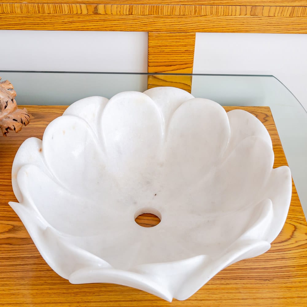Carrara White Marble Flower Shape Above Vanity Bathroom Sink Polished (D)17" (H)6"