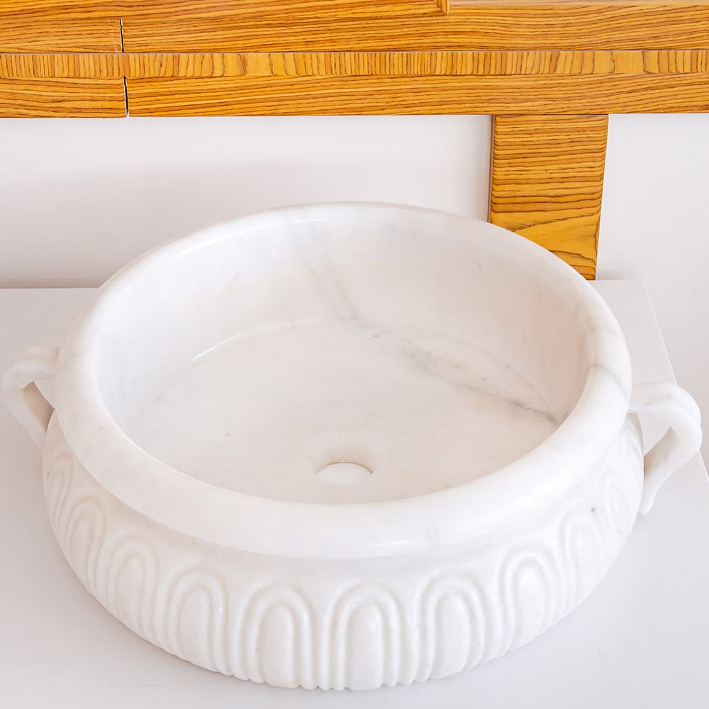 Calacatta White Marble Vessel Saucepan Shape Above Vanity Bathroom Sink (D)17" (H)6"