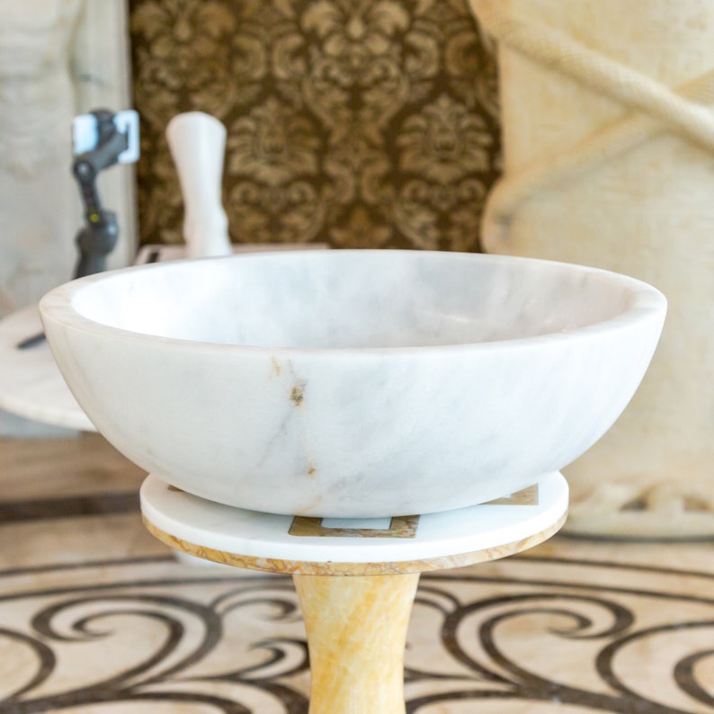Carrara White Marble Above Vanity Bathroom Vessel Sink Polished (D)16" (H)6"