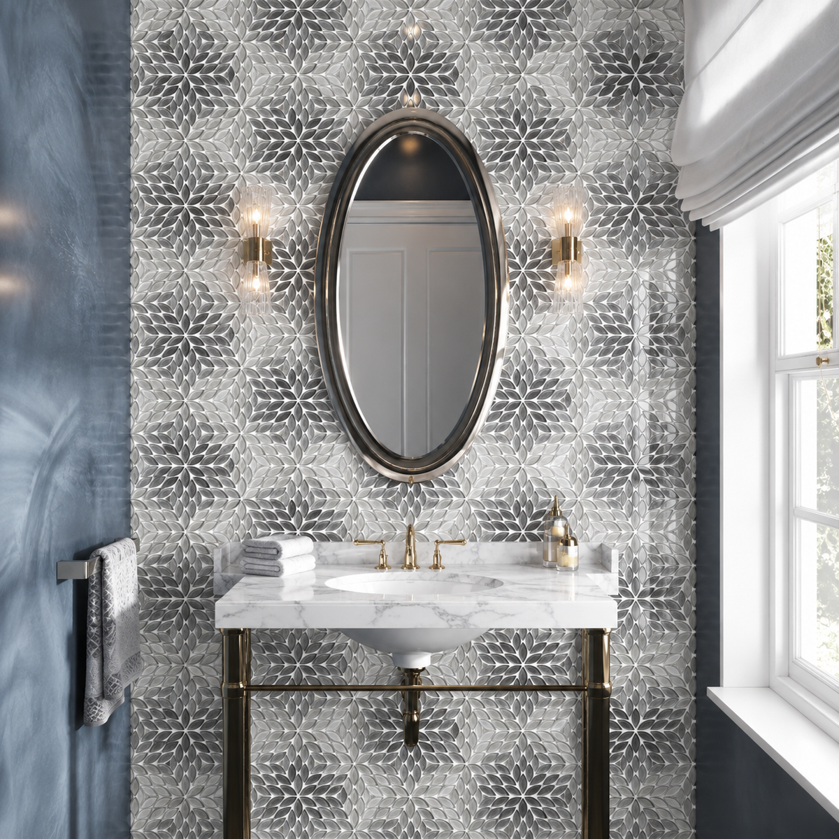 Petal Bloom Beige Glossy Glass Floral Mosaic Tile