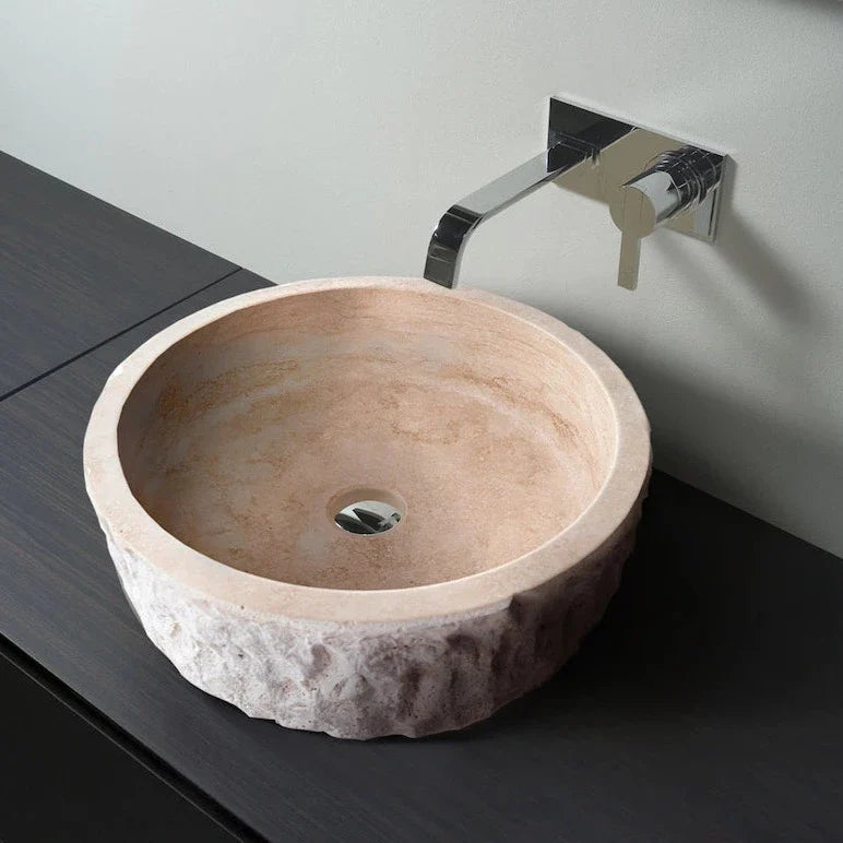 Denizli Beige Travertine Rustic Stone Round Above Vanity Bathroom Sink (D)16" (H)6"