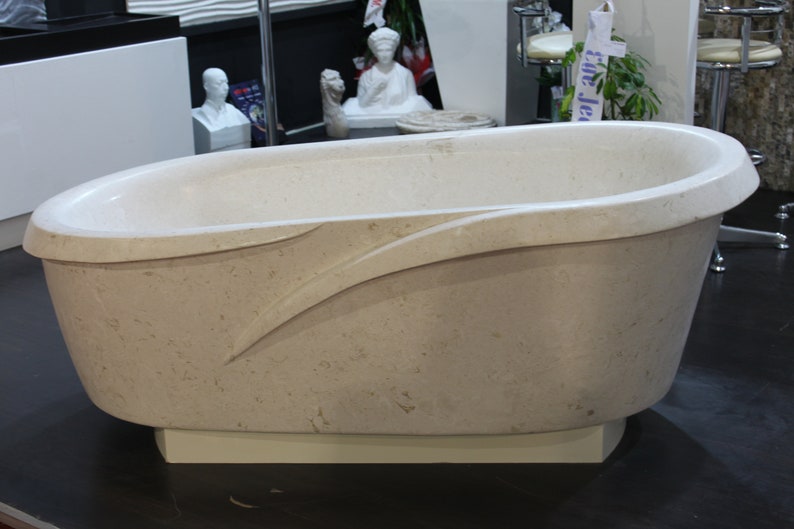 Fossil White Limestone Sloped Bathtub Hand-carved from Solid Marble Block (W)40" (L)80" (H)24" Polished