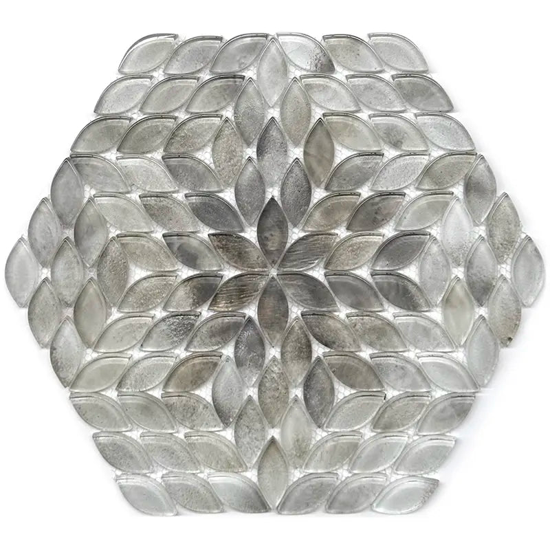 Petal Bloom Beige Glossy Glass Floral Mosaic Tile