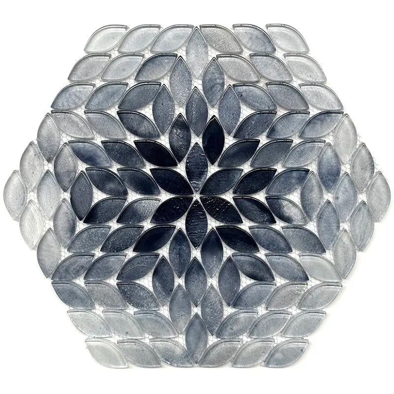 Petal Bloom Blue Glossy Glass Floral Mosaic Tile