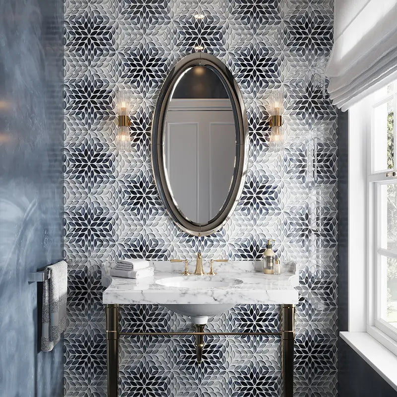 Petal Bloom Blue Glossy Glass Floral Mosaic Tile