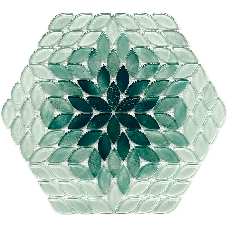Petal Bloom Green Glossy Glass Floral Mosaic Tile