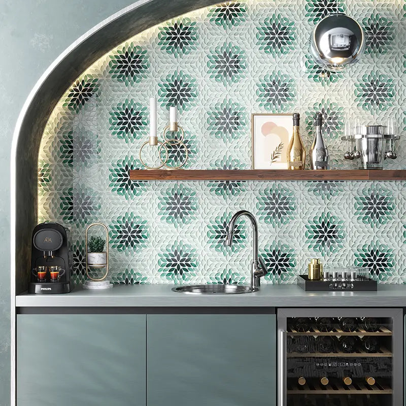 Petal Bloom Green Glossy Glass Floral Mosaic Tile