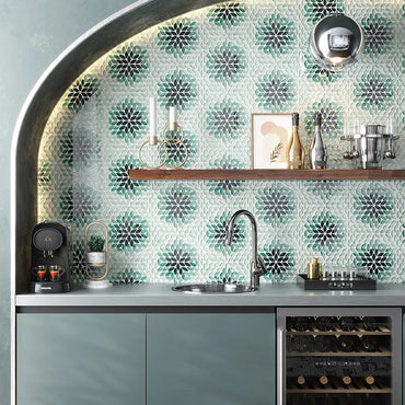 Petal Bloom Green Glossy Glass Mosaic Tile