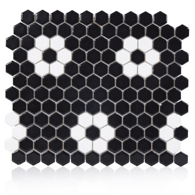 Blossom Hex Black w/ White 1-Inch Flower Mosaic Tile - 20 pcs per case - Industry Tile