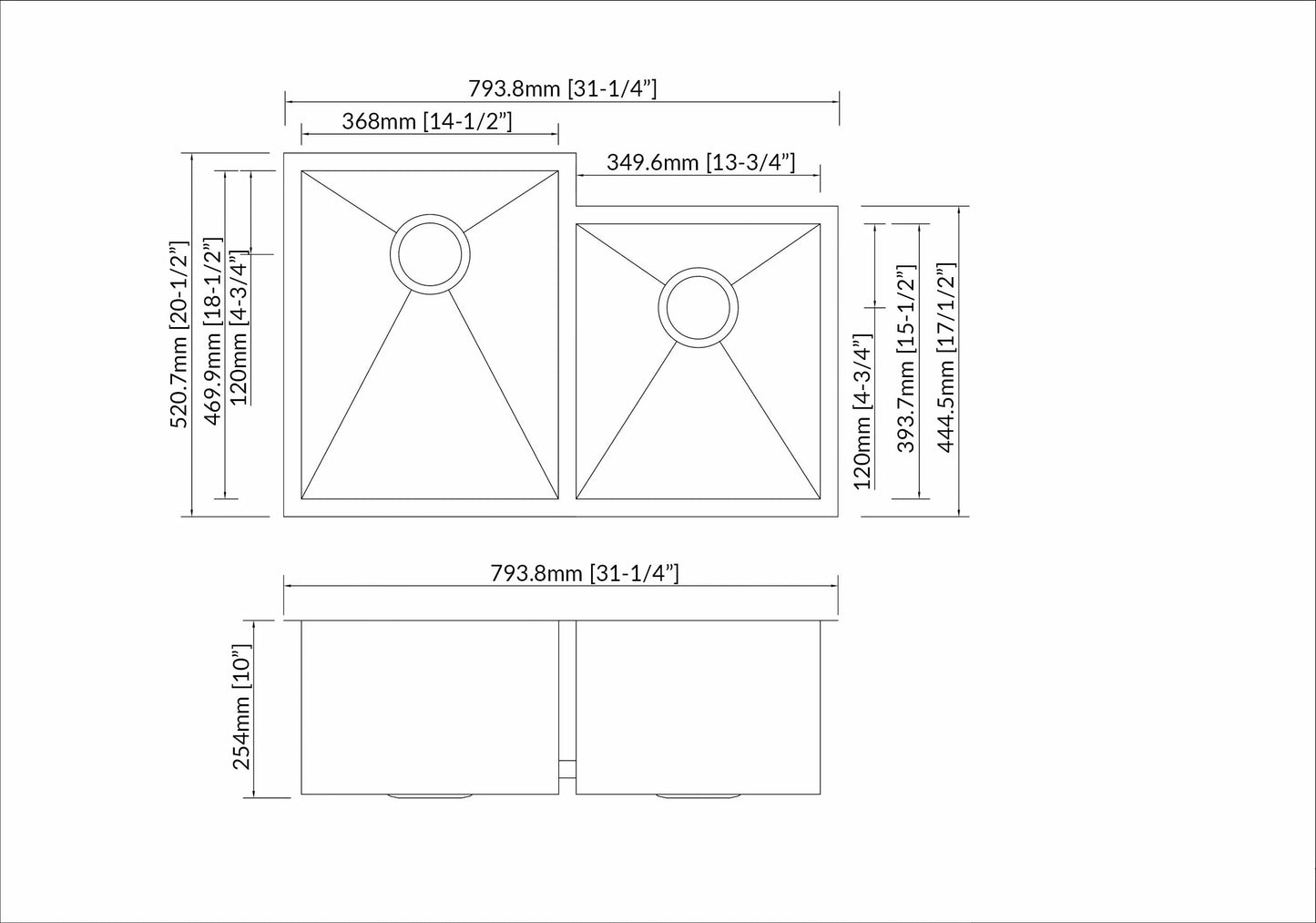 Stainless Steel Square Sink 60/40 (Double Bowl)