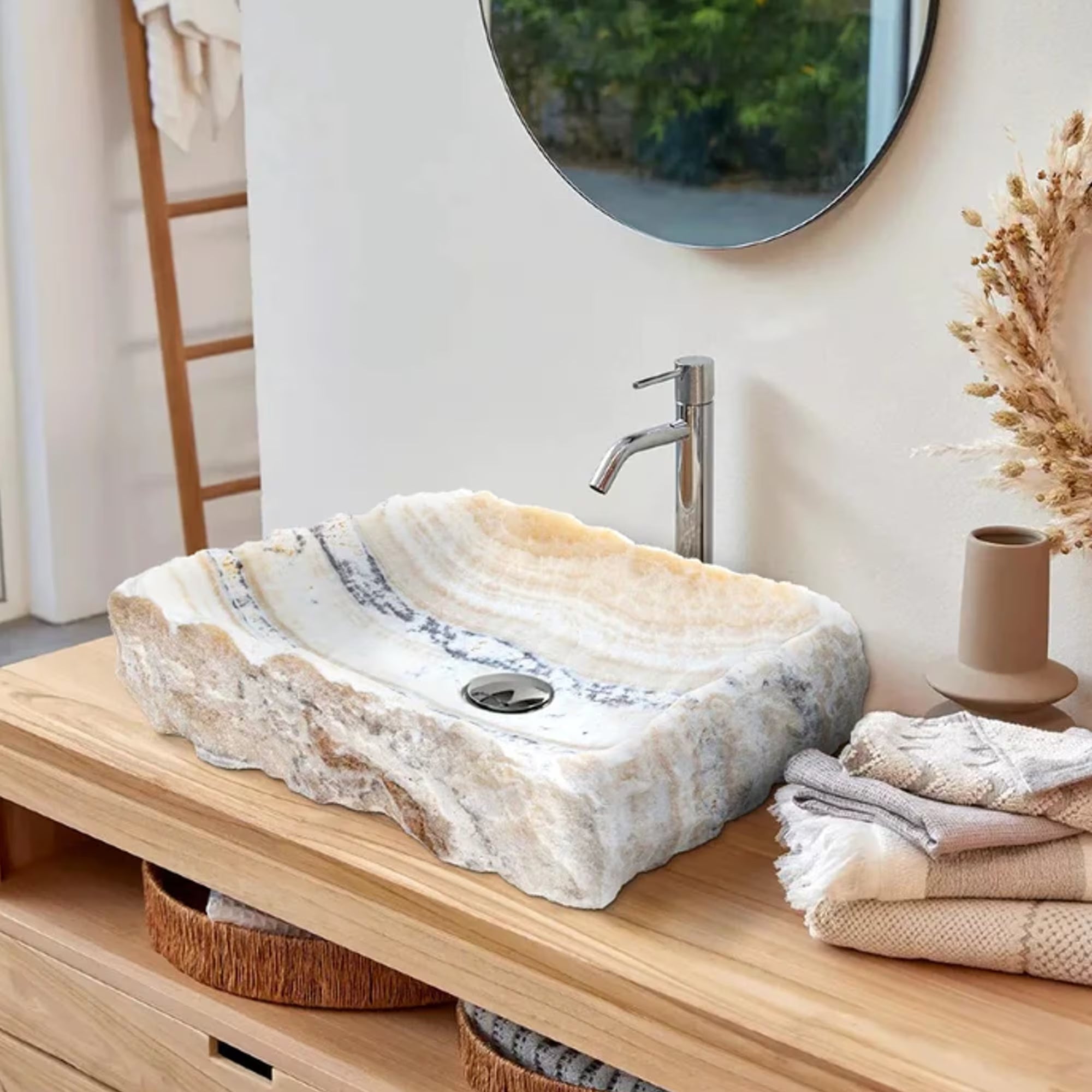 Honey Onyx Rectangular Above Vanity Bathroom Sink Polished Interior Hand-chiseled Exterior