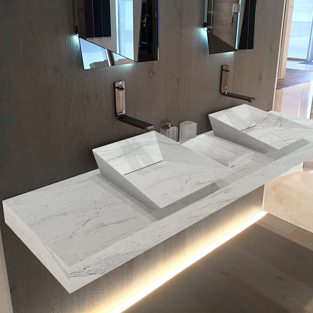 Imperial White Marble Double Sink Above Vanity Wall-mount Bathroom Sink (W)21" (L)80" (H)8"