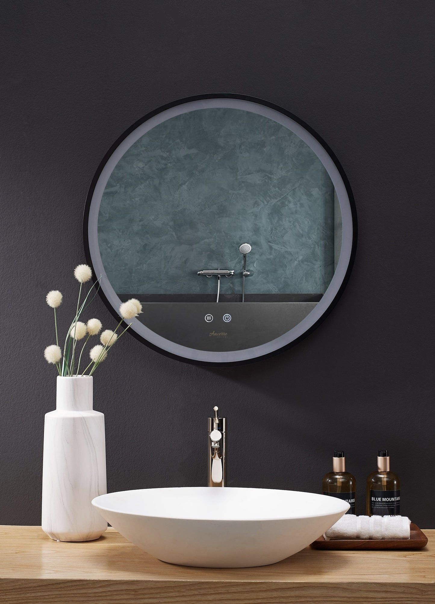 Cirque Round LED Lighted Bathroom Vanity Black Framed Mirror