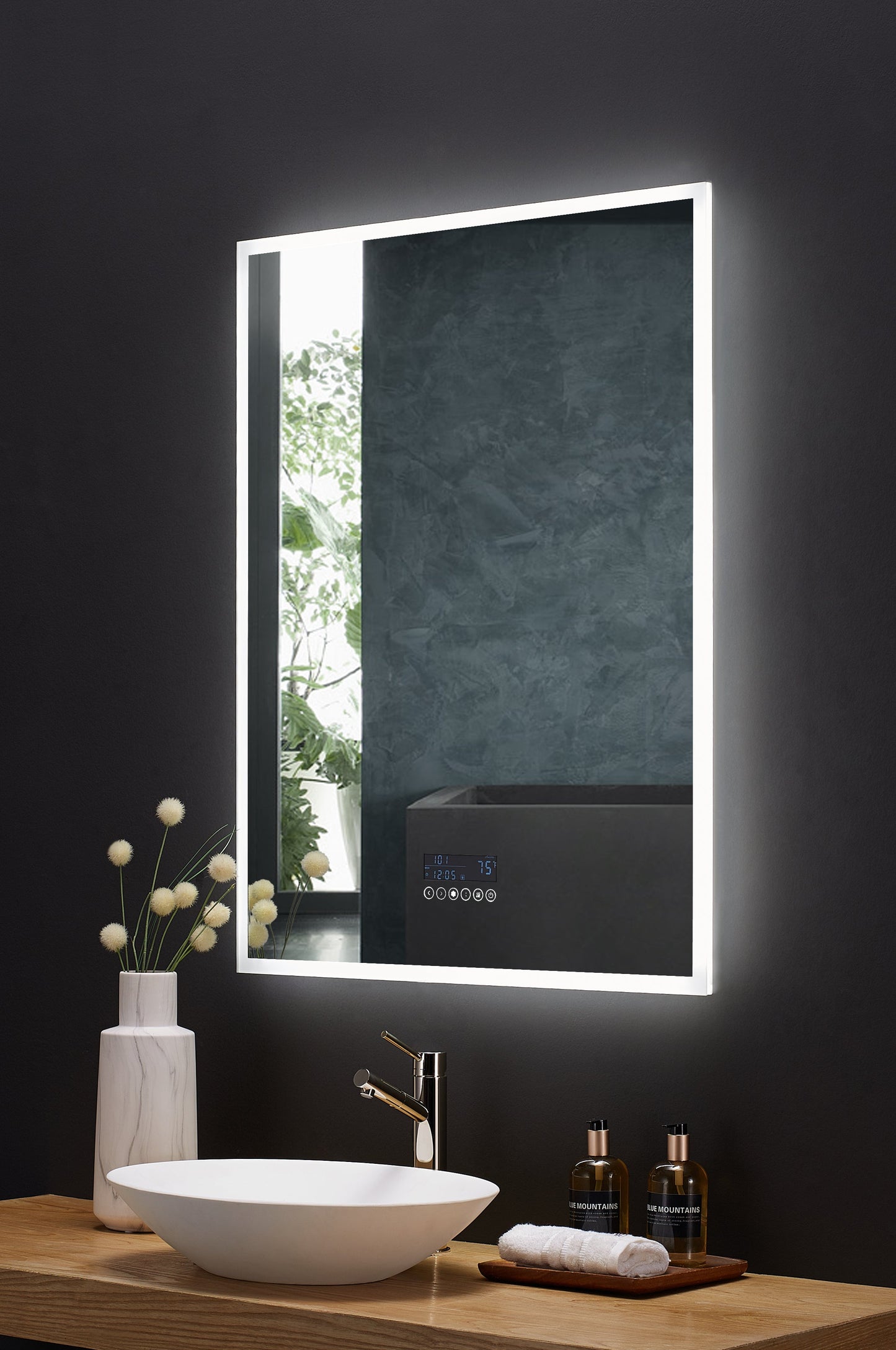 Immersion LED Lighted Bathroom Vanity Mirror with Bluetooth, Defogger, and Digital Display