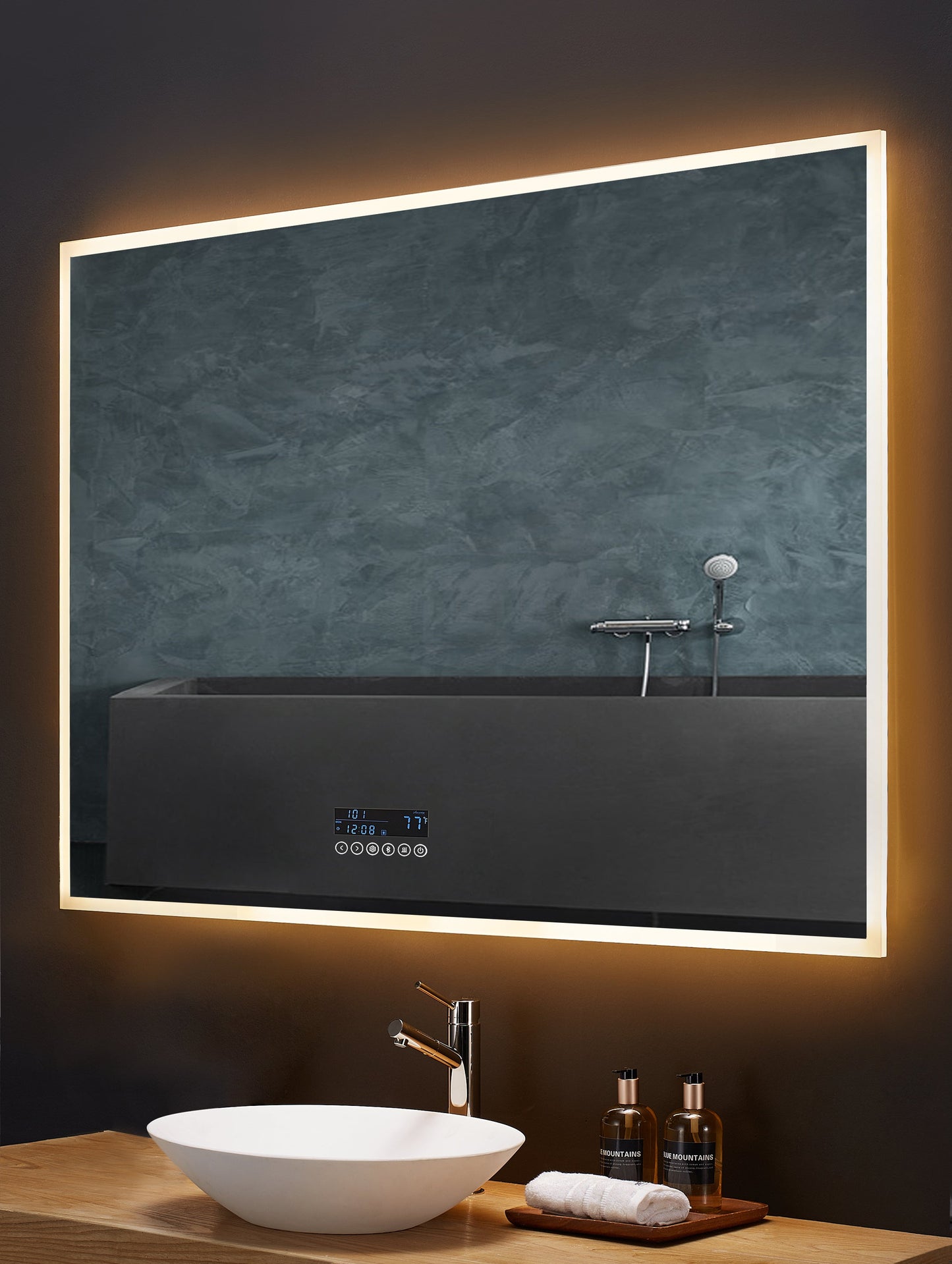 Immersion LED Lighted Bathroom Vanity Mirror with Bluetooth, Defogger, and Digital Display