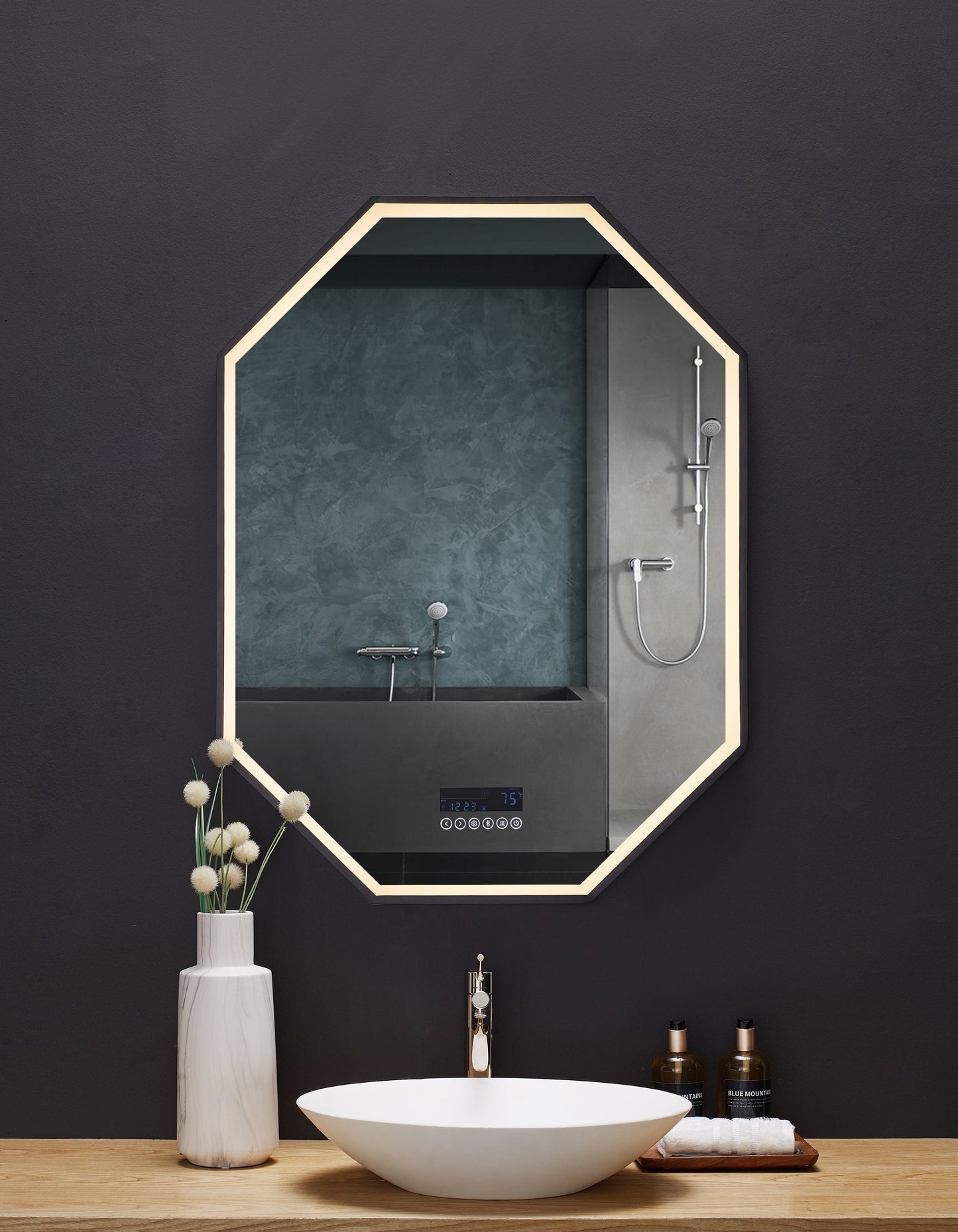 Otto LED Octagon Black Framed Lighted Bathroom Vanity Mirror with Bluetooth and Digital Display