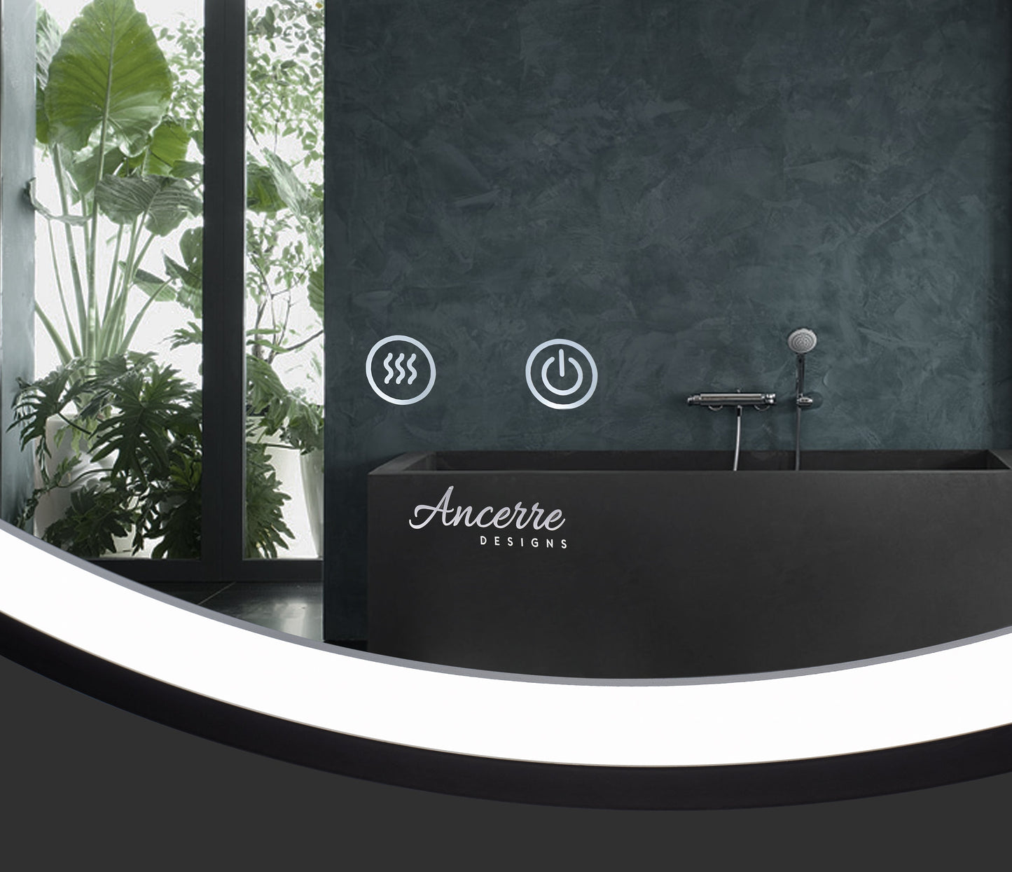 Sangle Round LED Mirror Black Framed Lighted Bathroom Vanity Mirror and Vegan Leather Strap