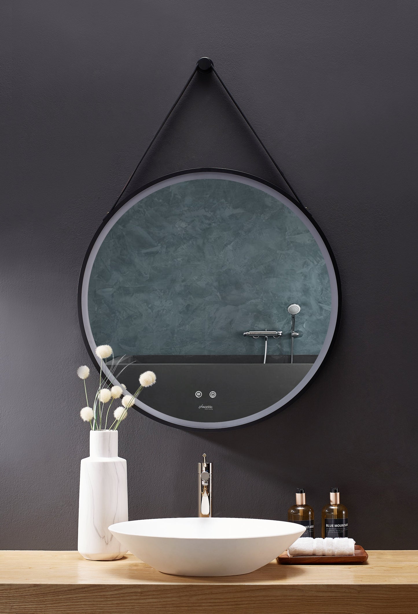 Sangle Round LED Mirror Black Framed Lighted Bathroom Vanity Mirror and Vegan Leather Strap