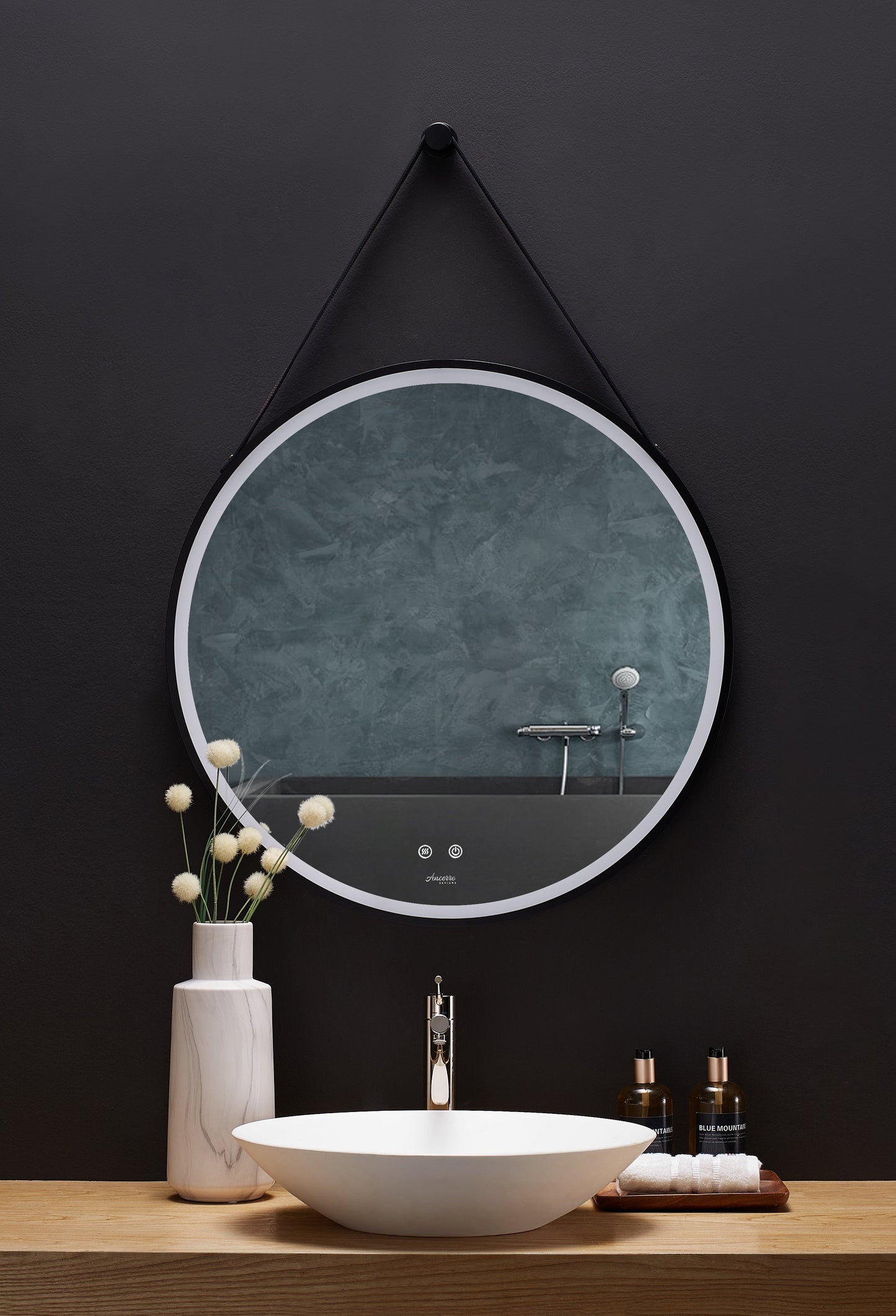 Sangle Round LED Mirror Black Framed Lighted Bathroom Vanity Mirror and Vegan Leather Strap