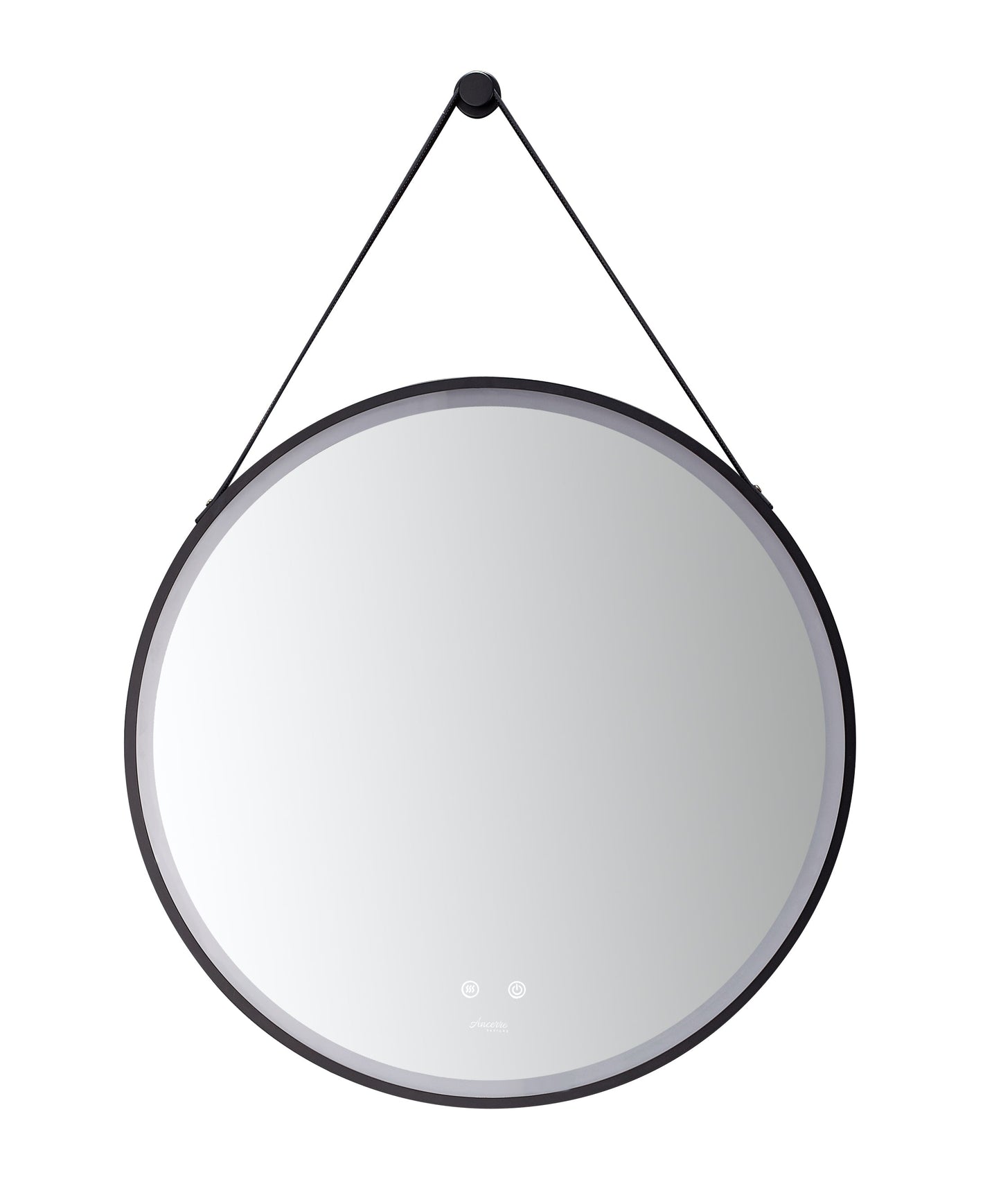 Sangle Round LED Mirror Black Framed Lighted Bathroom Vanity Mirror and Vegan Leather Strap