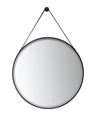 Sangle Round LED Mirror Black Framed Lighted Bathroom Vanity Mirror and Vegan Leather Strap