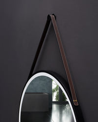 Sangle Round LED Mirror Black Framed Lighted Bathroom Vanity Mirror and Vegan Leather Strap