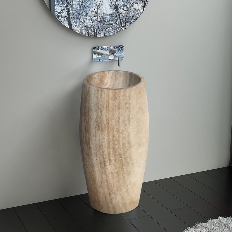 Walnut Travertine Pedestal Stand-alone Sink Curved Honed (W)16" (L)19.5" (H)33.5"