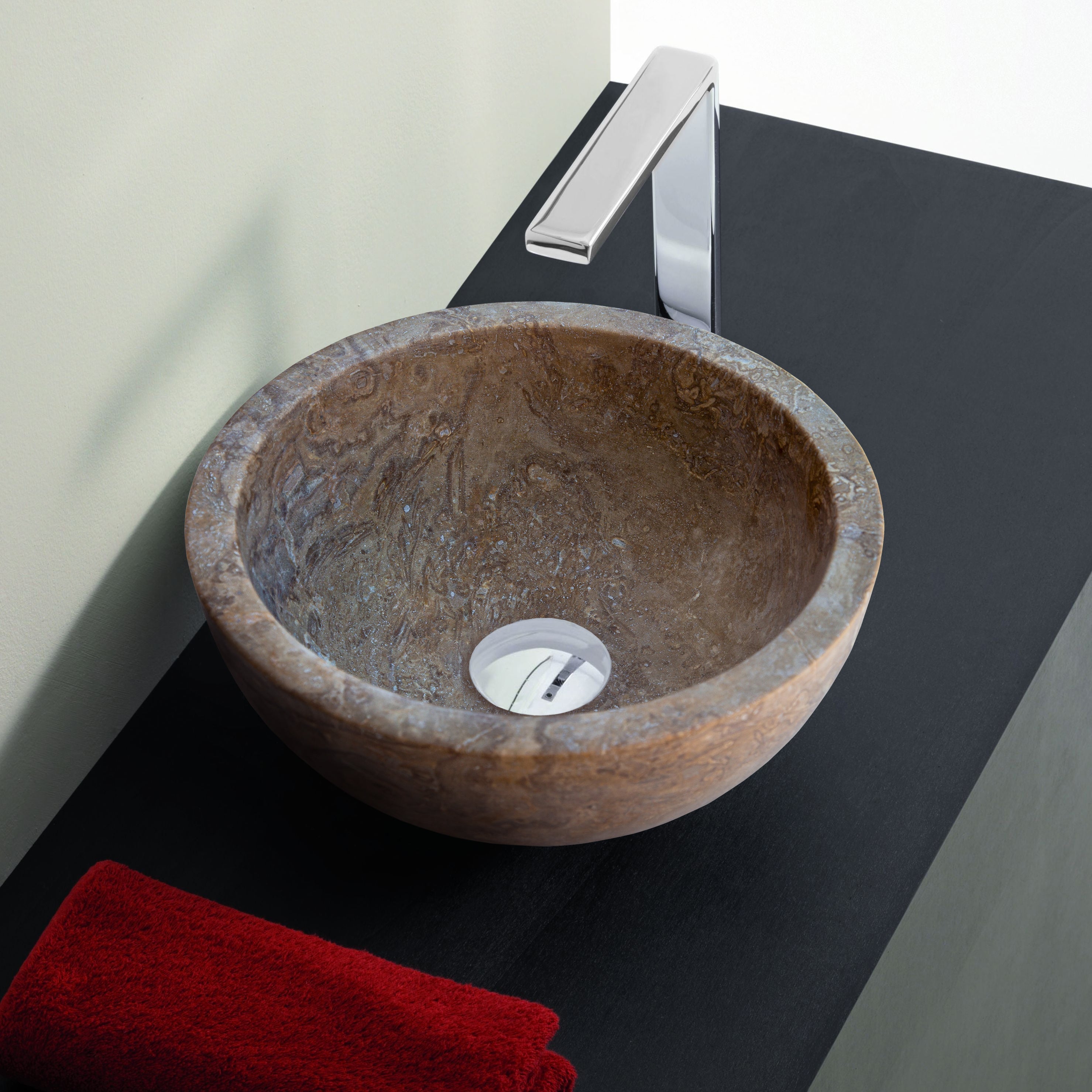 Noce Brown Travertine Natural Stone Round Above Vanity Bathroom Sink (D)12.5" (H)6"