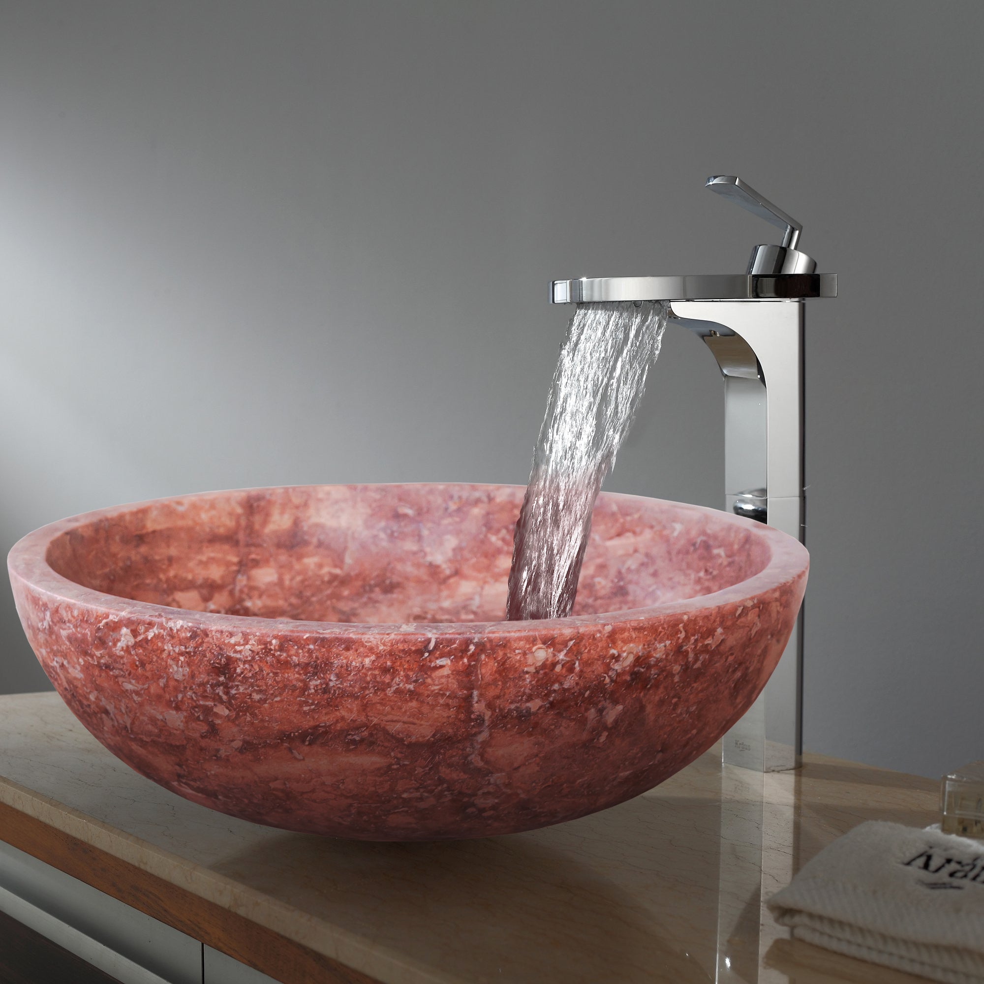 Red Travertine Natural Stone Round Above Vanity Bathroom Sink Honed/Matte (D)16" (H)6"