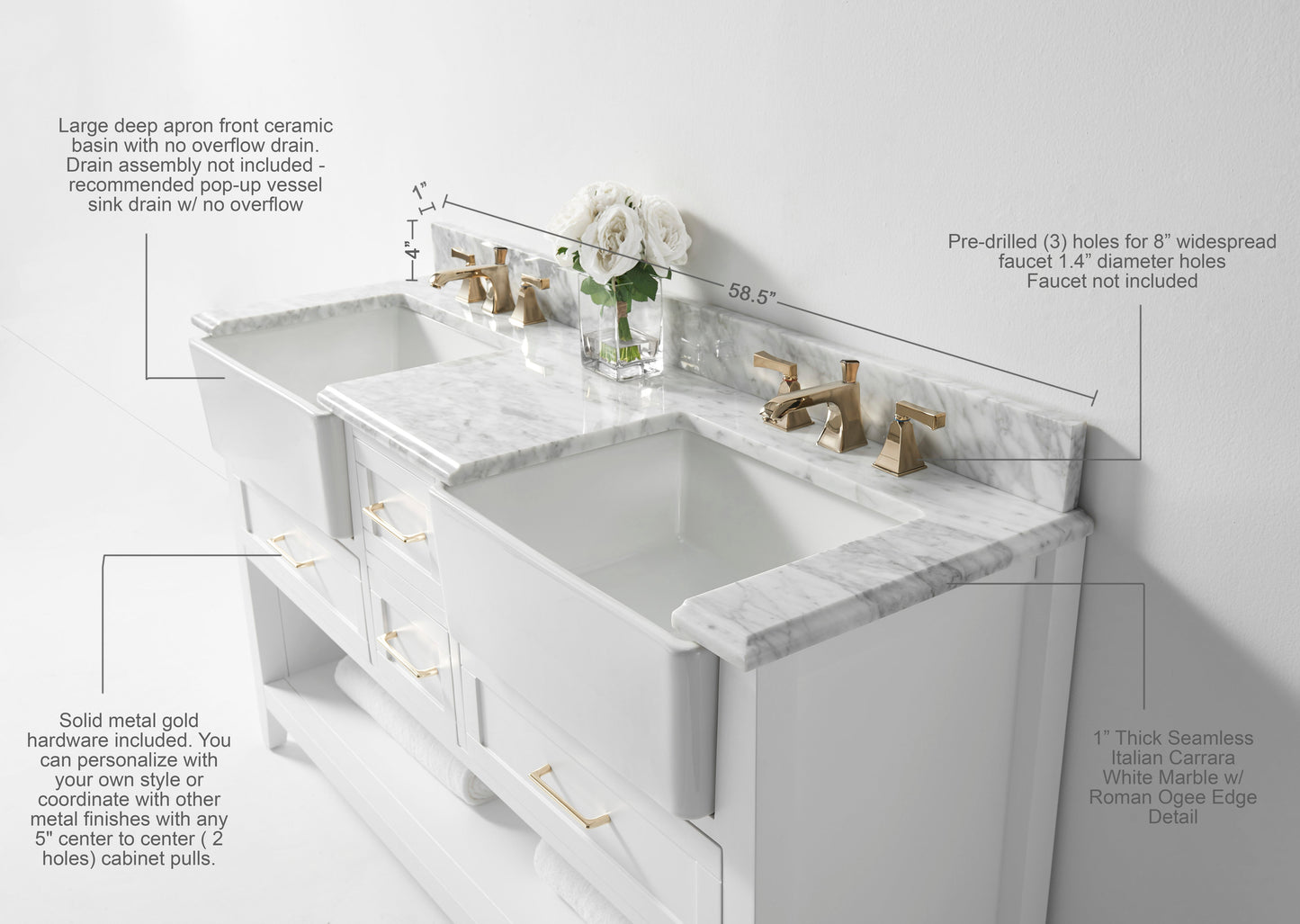 Hayley Bathroom Vanity with Sink and Carrara White Marble Top Cabinet Set